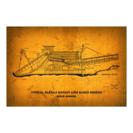 Typische Alaska Gold Mining Dredge Blauwdruk Foto Afdruk (Voorkant)