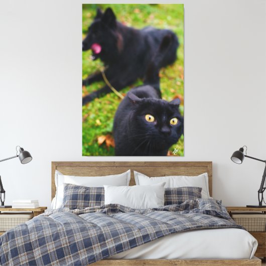 Typische kat en hond capriolen canvas afdruk (Insitu (Slaapkamer))