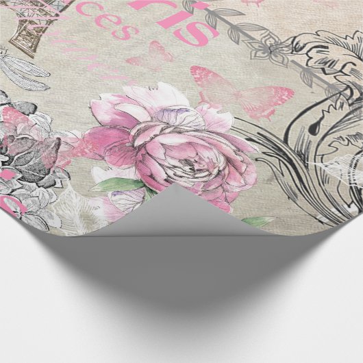  typische zwarte roze florale Parijs Eiffeltoren Cadeaupapier (Hoek)