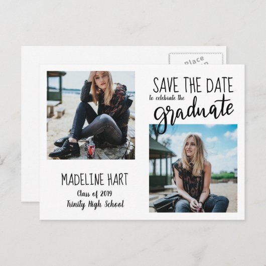 Typografie Afstuderen | Bewaar de datum Moderne fo Aankondigingskaart (Voorkant / Achterkant)