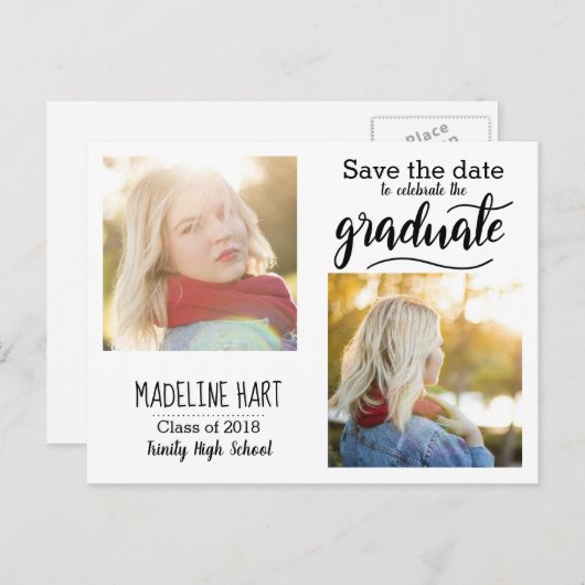 Typografie Afstuderen | Sla de datum op twee foto' Aankondigingskaart (Voorkant / Achterkant)