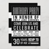 Typografie, Black and White Birthday Party Kaart (Voorkant / Achterkant)