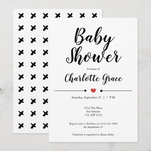 Typografie Black White Baby shower Heart Kisses Kaart (Voorkant / Achterkant)