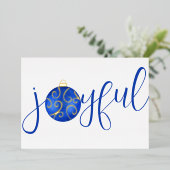 Typografie Blij Blauw en Wit Echt Folie Feestdagenkaart (Staand Voorkant)