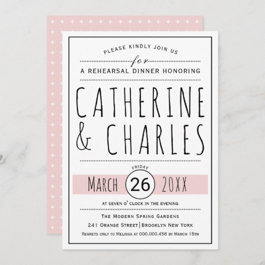 Typografie blush roze bruiloft repetitie diner kaart (Voorkant / Achterkant)