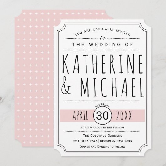 Typografie blush roze omgekeerde hoeken bruiloft kaart (Voorkant / Achterkant)