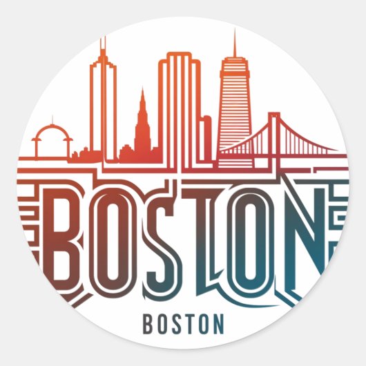 Typografie Boston City Skyline Ronde Sticker (Voorkant)