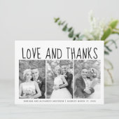 Typografie bruiloft Dank je drie foto-collage Bedankkaart (Staand voorkant)