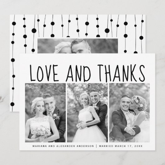 Typografie bruiloft Dank je drie foto-collage Bedankkaart (Voorkant / Achterkant)