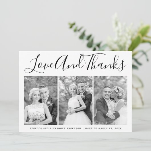 Typografie bruiloft Dank je drie foto-collage Bedankkaart (Staand voorkant)