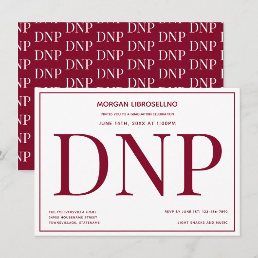 Typografie Burgundy White DNP Graduation Party Kaart (Voorkant / Achterkant)
