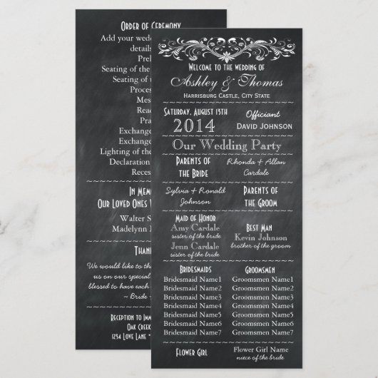 Typografie Chalkboard Wedding Programs 2 Maids Hon Programmakaart (Voorkant / Achterkant)