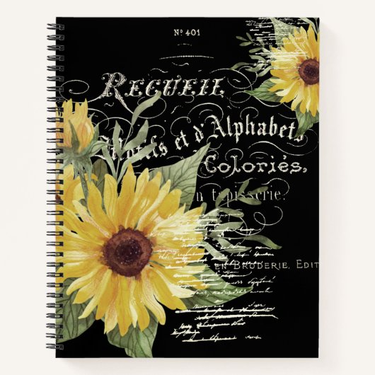  typografie en zonnebloemen op zwart notitieboek (Voorkant)