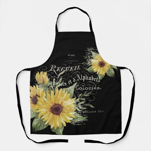 typografie en zonnebloemen op zwart schort (Voorkant)