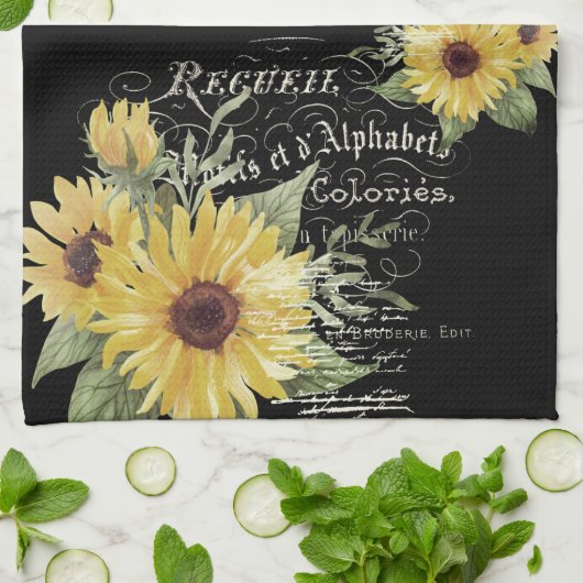  typografie en zonnebloemen op zwart theedoek (Gevouwen)