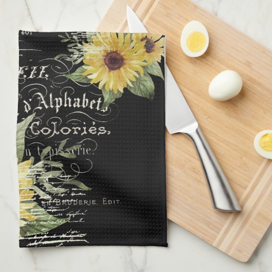  typografie en zonnebloemen op zwart theedoek (Quarter Fold)