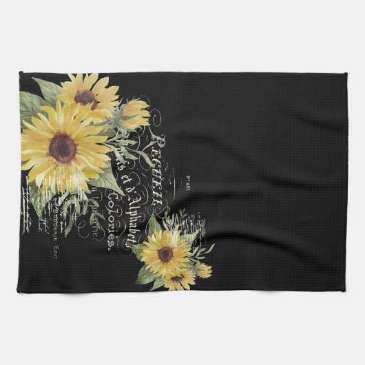 typografie en zonnebloemen op zwart theedoek (Horizontaal)