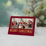 Typografie Foto Collage Burgundy Kerstmis Folie Feestdagenkaart<br><div class="desc">Vrolijk kerstfeest! Stuur dit seizoen uw wensen met deze aanpasbare kerstfotocollage. Hij heeft een simpele typografie op een Bourgogne achtergrond. Personaliseer door drie foto's,  namen,  jaar en andere details toe te voegen. Deze zwarte kerstkaart met gouden folie is verkrijgbaar in andere kleuren en in andere kartonnen dozen.</div>