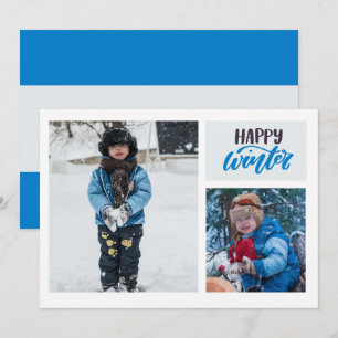 Typografie Gelukkige Winter Blauwe Twee Foto Feestdagenkaart