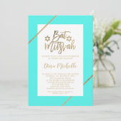 Typografie gold floral leaf aqua chic Bat Mitzvah Kaart (Staand voorkant)