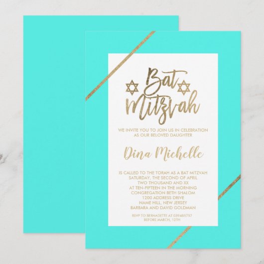 Typografie gold floral leaf aqua chic Bat Mitzvah Kaart (Voorkant / Achterkant)