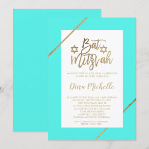 Typografie gold floral leaf aqua chic Bat Mitzvah Kaart