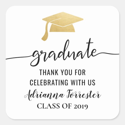 Typografie Goud Afstuderen Pet | Dank u Vierkante Sticker (Voorkant)