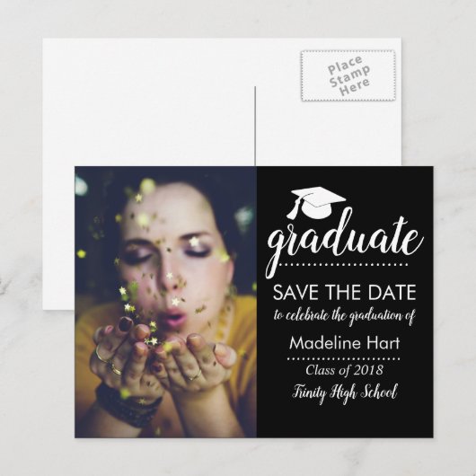 Typografie Graduation Party | De datumfoto opslaan Aankondigingskaart (Voorkant / Achterkant)