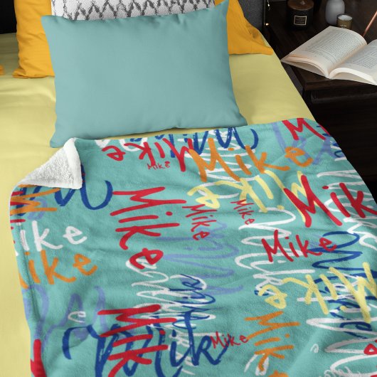 Typografie Graffiti Naam allover blauwgroen blauw Fleece Deken