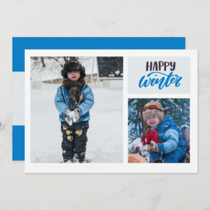 Typografie Happy Winter Blauw Twee Foto Feestdagenkaart