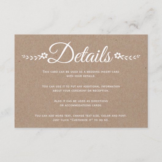 Typografie kraft papier bruiloft details invoegen informatiekaartje (Voorkant)