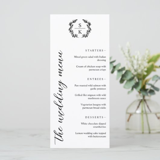 Typografie Laurel Wreath Monogram Wedding Menu (Staand voorkant)