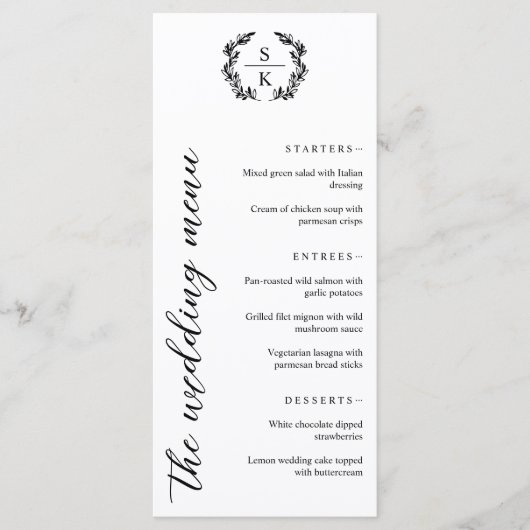 Typografie Laurel Wreath Monogram Wedding Menu (Voorkant)