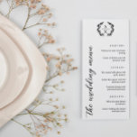 Typografie Laurel Wreath Monogram Wedding Menu<br><div class="desc">Elegant 9x4 trouwmenu in een zwart-wit typografisch ontwerp met een laurel breed monogram en prachtige lettertypen. Typografie trouwmenu met een groen monogram en mooie lettertypen. Het menu van het Flat bruiloft met een elegant monogram en mooie lettertypen en groene details in zwart tegen een witte achtergrond.</div>