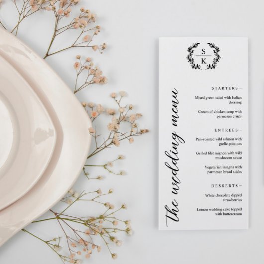 Typografie Laurel Wreath Monogram Wedding Menu