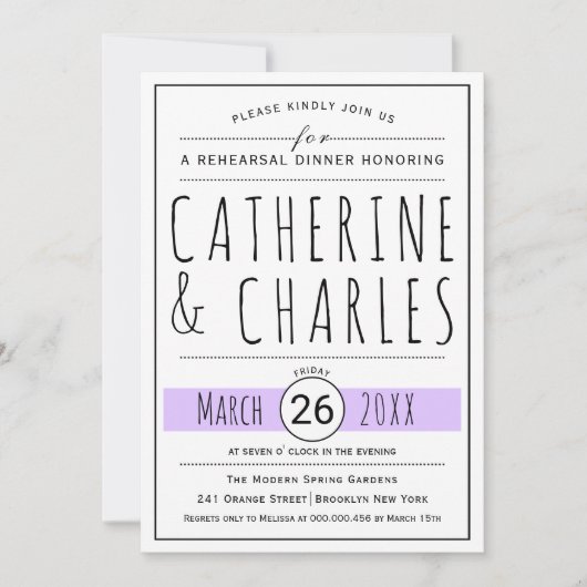 Typografie lavendel bruiloft repetitie diner kaart (Voorkant)