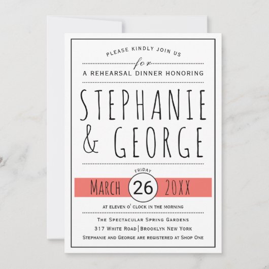 Typografie levend koraal huwelijksrepetitie diner kaart (Voorkant)