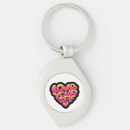 Typografie 'Love Yourself' Hart Sticker  Sleutelhanger (Voorkant)