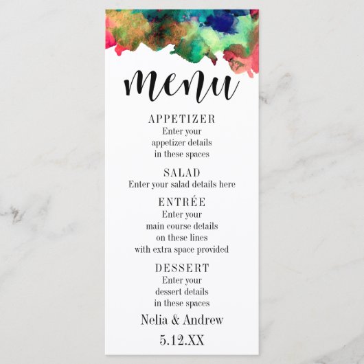 Typografie met Kleurrijk Aquarel Bruiloftsmenu Menu (Voorkant)