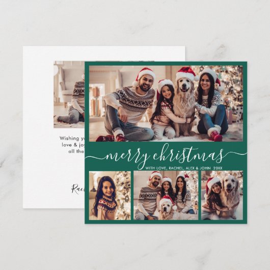 Typografie Modern Groen 5 Fotocollage Kerstmis Feestdagenkaart (Voorkant / Achterkant)