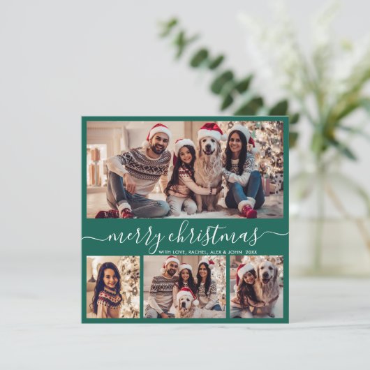 Typografie Modern Groen 5 Fotocollage Kerstmis Feestdagenkaart (Staand voorkant)