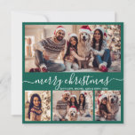 Typografie Modern Groen 5 Fotocollage Kerstmis Feestdagenkaart<br><div class="desc">Moderne minimalistische elegante kalligrafie groen 5 foto collage vrolijke kerst kalligrafie script vakantie Kaart. Deze feestelijke, minimalistische, grillige sjabloon van de vakantiepas beschikt over vier (4) fotocollage op de voorkant, 1 foto op de achterkant en zegt "Merry Christmas" begroetingstekst, die is geschreven in een prachtige hand belettering swirly swash-tail lettertype...</div>