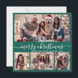 Typografie Modern Groen 5 Fotocollage Kerstmis Feestdagenkaart<br><div class="desc">Moderne minimalistische elegante kalligrafie groen 5 foto collage vrolijke kerst kalligrafie script vakantie Kaart. Deze feestelijke, minimalistische, grillige sjabloon van de vakantiepas beschikt over vier (4) fotocollage op de voorkant, 1 foto op de achterkant en zegt "Merry Christmas" begroetingstekst, die is geschreven in een prachtige hand belettering swirly swash-tail lettertype...</div>