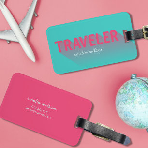 Typografie Modern Turquoise Pink Traveler Bag Labe Bagagelabel
