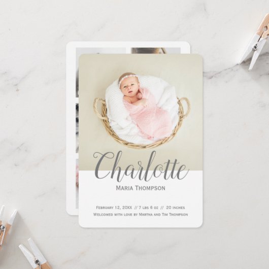 Typografie Moderne Foto Collage Baby Girl Birth (Voorkant / Achterkant in situ)