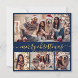 Typografie Moderne Marine 5 Fotocollage Kerstmis Feestdagenkaart<br><div class="desc">Moderne minimalistische Elegante Kalligrafie Navy en Gold 5 Fotocollage Vrolijke Kerstkalligrafie Script Vakantie Kaart. Deze feestelijke, minimalistische, grillige sjabloon van de vakantiepas beschikt over vier (4) fotocollage op de voorkant, 1 foto op de achterkant en zegt "Merry Christmas" begroetingstekst, die is geschreven in een prachtige hand belettering swirly swash-tail lettertype...</div>