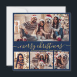 Typografie Moderne Marine 5 Fotocollage Kerstmis Feestdagenkaart<br><div class="desc">Moderne minimalistische Elegante Kalligrafie Navy en Gold 5 Fotocollage Vrolijke Kerstkalligrafie Script Vakantie Kaart. Deze feestelijke, minimalistische, grillige sjabloon van de vakantiepas beschikt over vier (4) fotocollage op de voorkant, 1 foto op de achterkant en zegt "Merry Christmas" begroetingstekst, die is geschreven in een prachtige hand belettering swirly swash-tail lettertype...</div>
