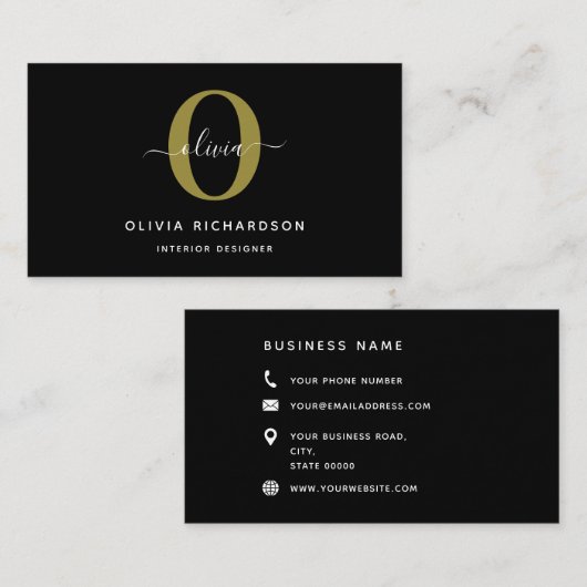 Typografie Monogram Script Naam Zwart Wit Goud Visitekaartje (Voorkant / Achterkant)