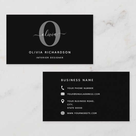 Typografie Monogram Script Name Black White Grey Visitekaartje (Voorkant / Achterkant)