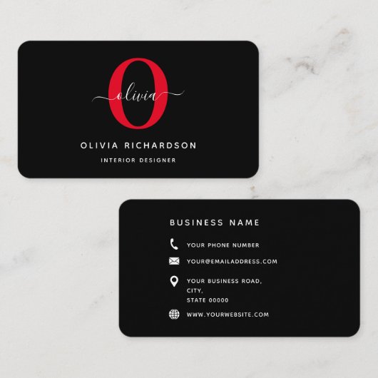 Typografie Monogram Script Name Black White Red Visitekaartje (Voorkant / Achterkant)